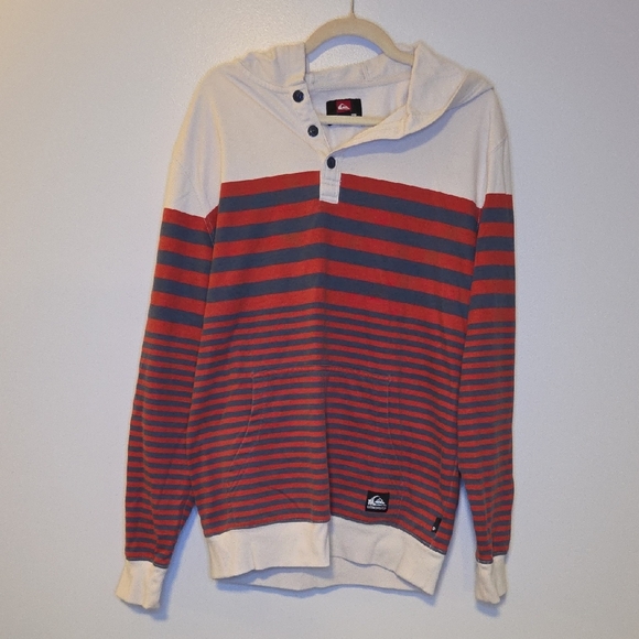 Quiksilver Men's Red and Gray Striped Hoodie Sweater - Picture 1 of 4